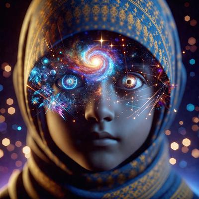 The primary subject of the image is a person, possibly a young boy, with a blue and white headpiece. The setting is a space-themed background, featuring a spiral galaxy and stars. The visual style is a combination of photo and digital art, creating a unique and intriguing scene. The colors and mood of the image are predominantly blue and white, with a sense of wonder and exploration.